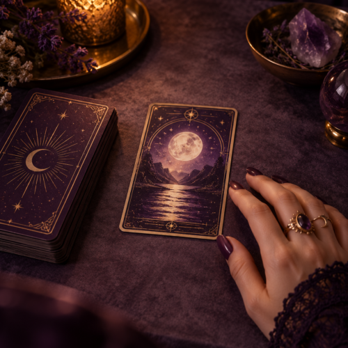 Moonlit Tarot Reading in Purple and Gold 1 Question Online Tarot Reading – Personalised Text Guidance