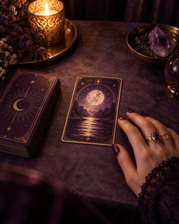 Moonlit Tarot Reading in Purple and Gold 1 Question Online Tarot Reading – Personalised Text Guidance